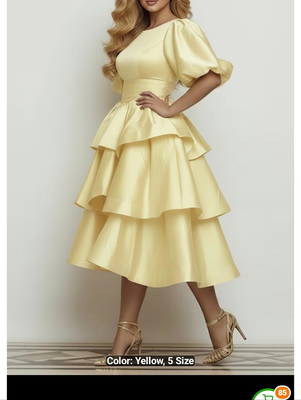 Womenβs Yellow Tiered Midi Dress with Puff Sleeves